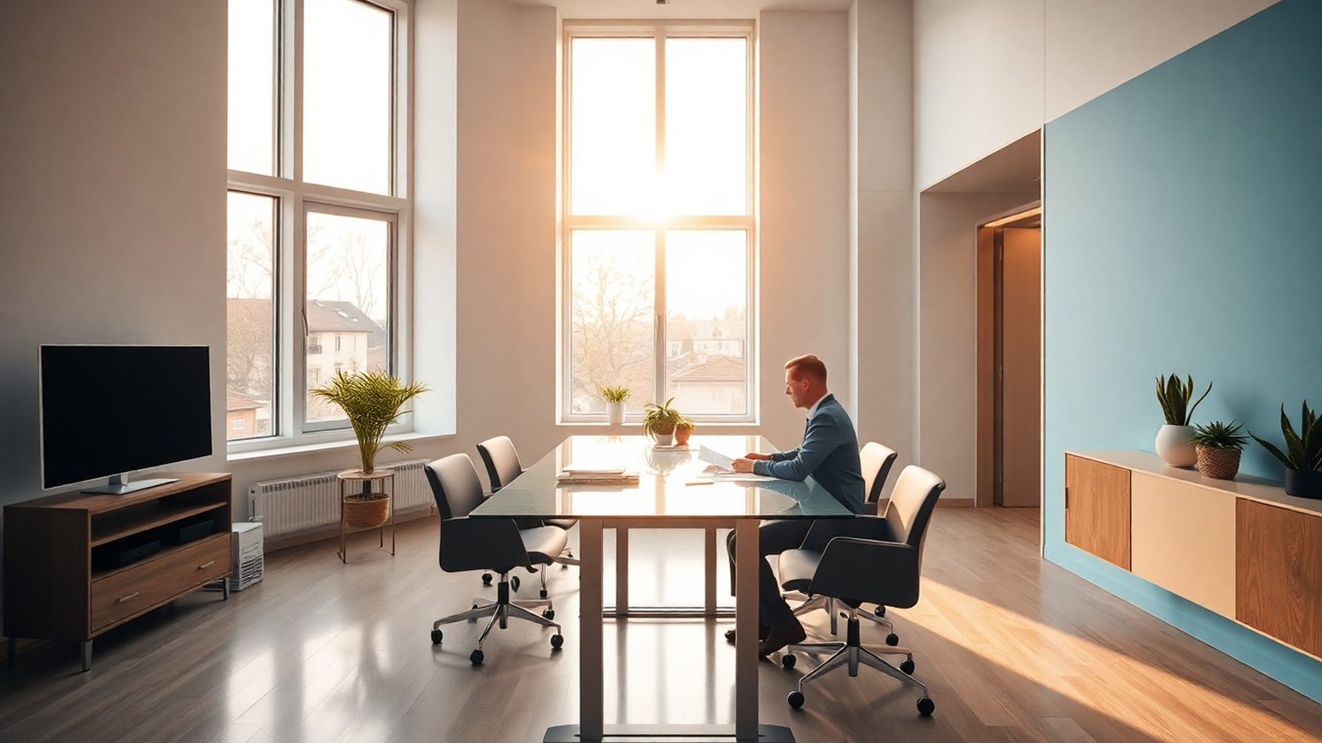 Interior de birou modern BusinessCanvas la Iași, consultant fiscal analizând documente